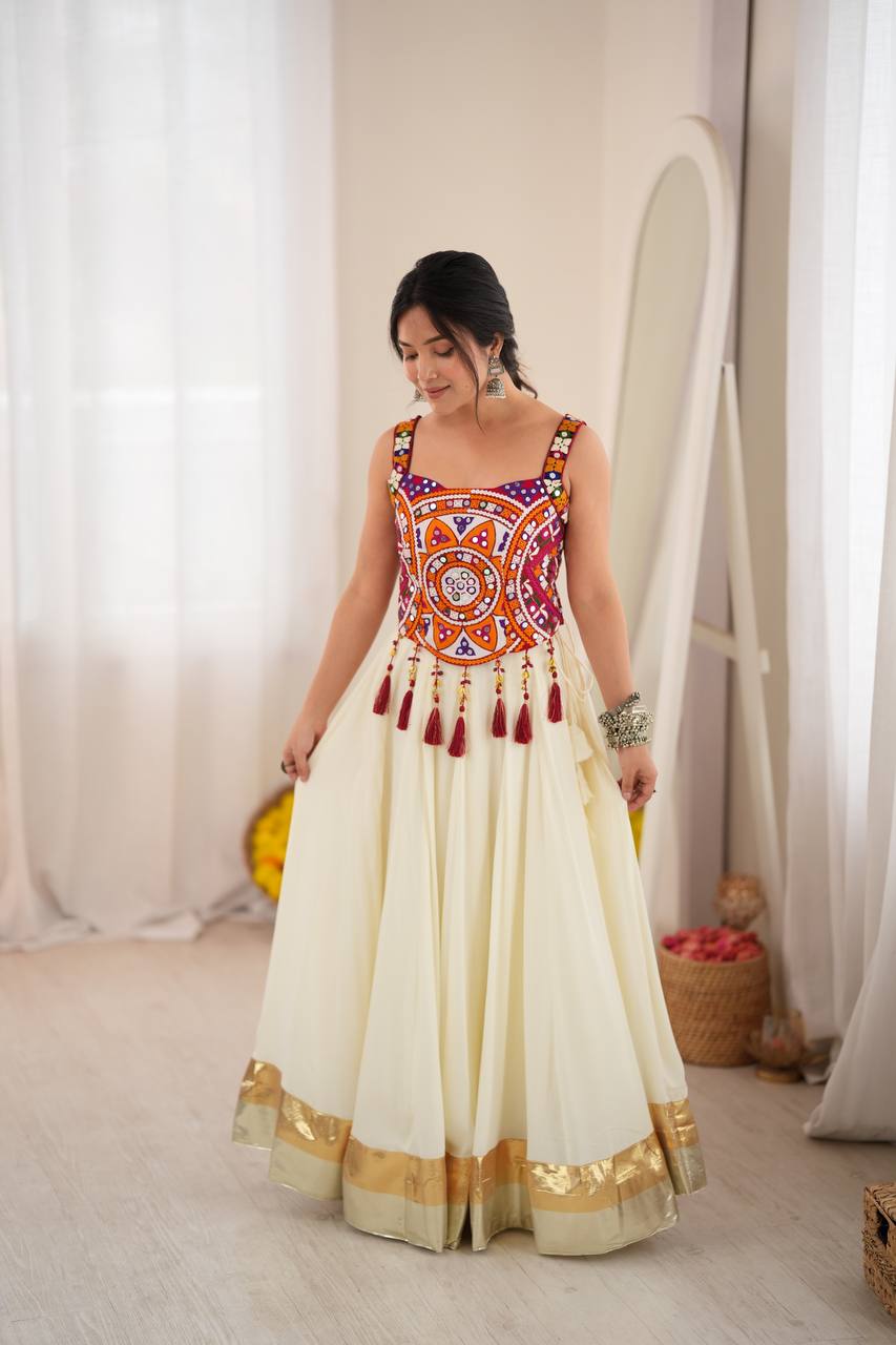 White Rayon Navratri Lehenga with Gamthi Blouse