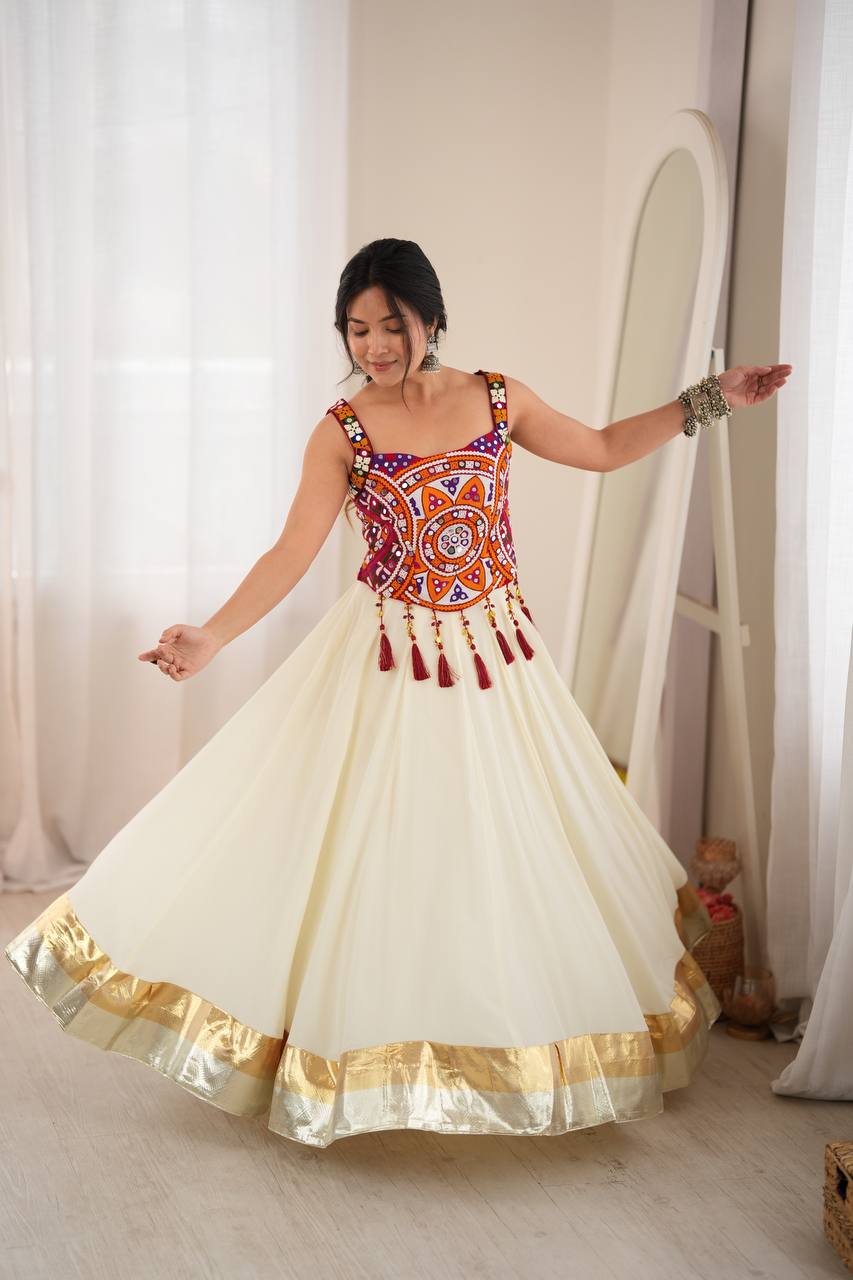 White Rayon Navratri Lehenga with Gamthi Blouse