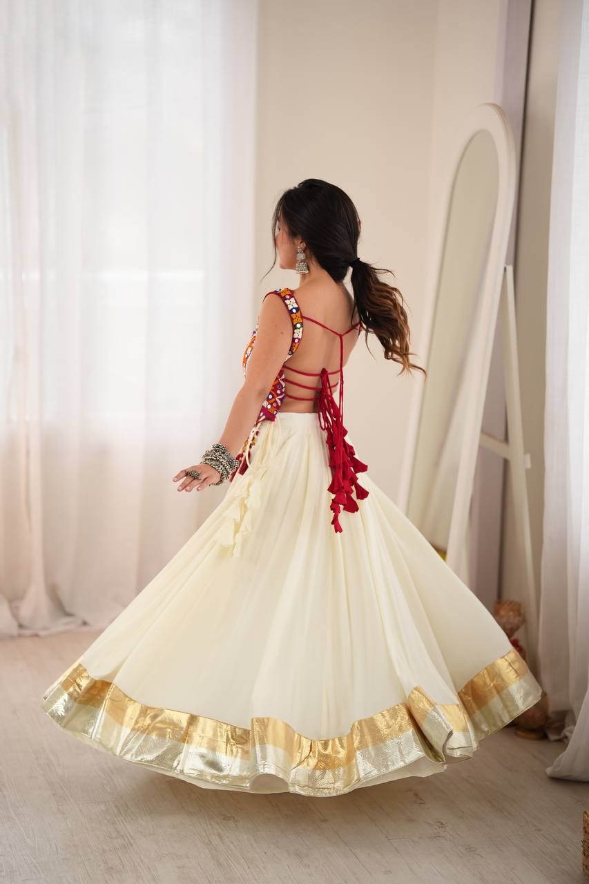 White Rayon Navratri Lehenga with Gamthi Blouse