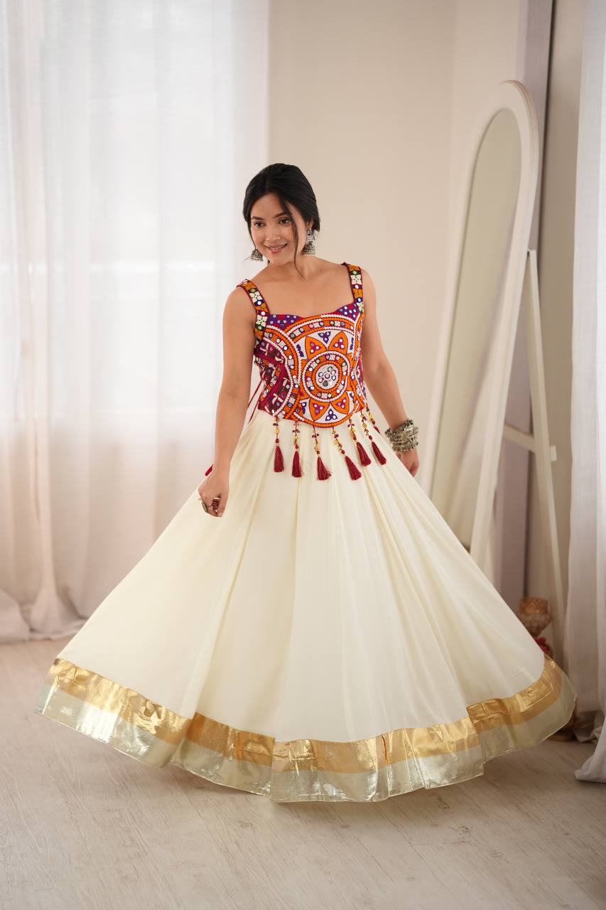 White Rayon Navratri Lehenga with Gamthi Blouse
