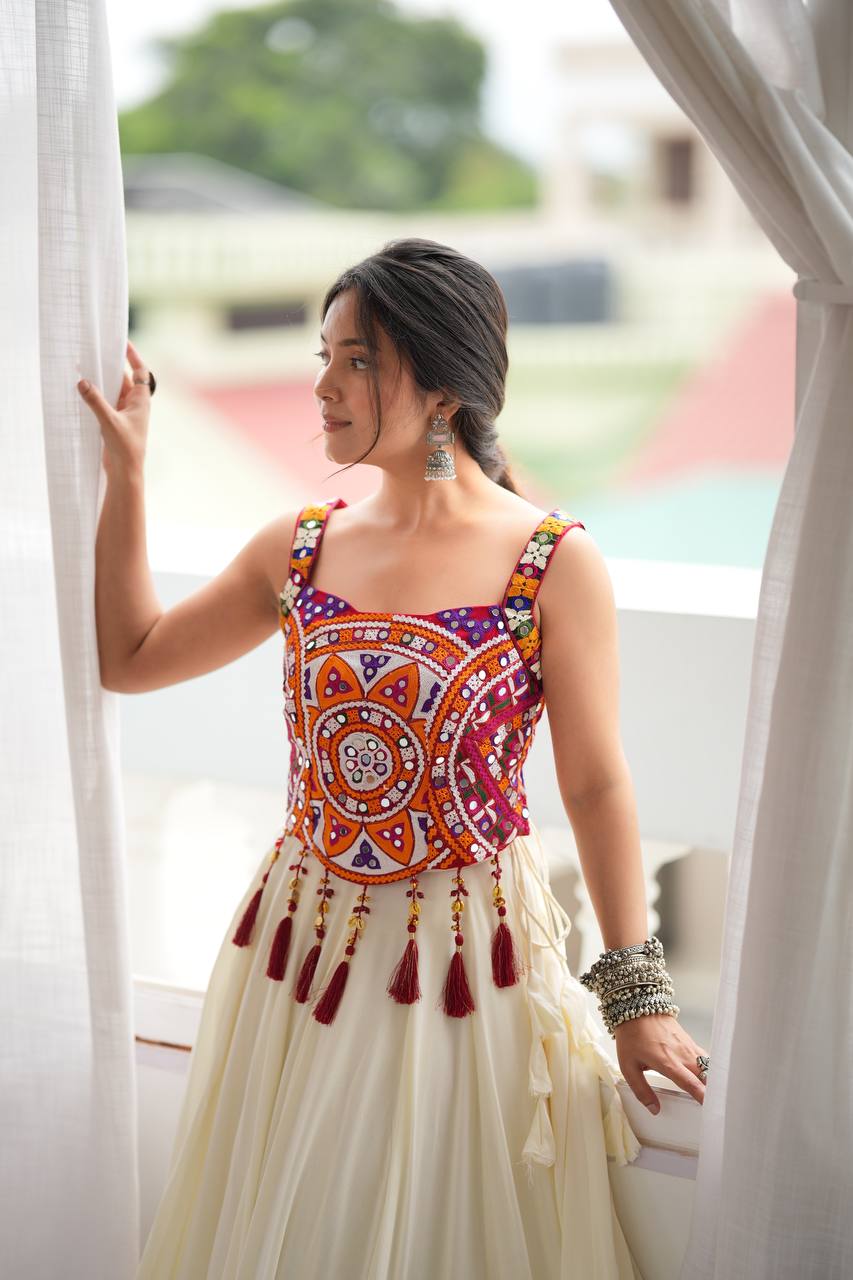 White Rayon Navratri Lehenga with Gamthi Blouse