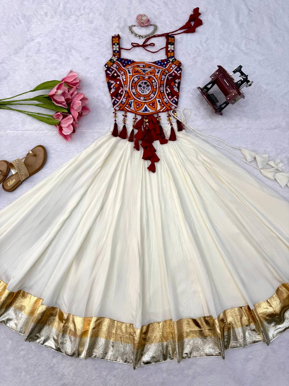 White Rayon Navratri Lehenga with Gamthi Blouse