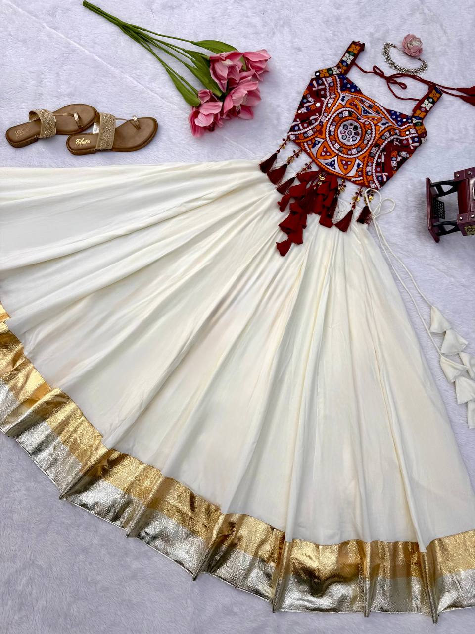 White Rayon Navratri Lehenga with Gamthi Blouse