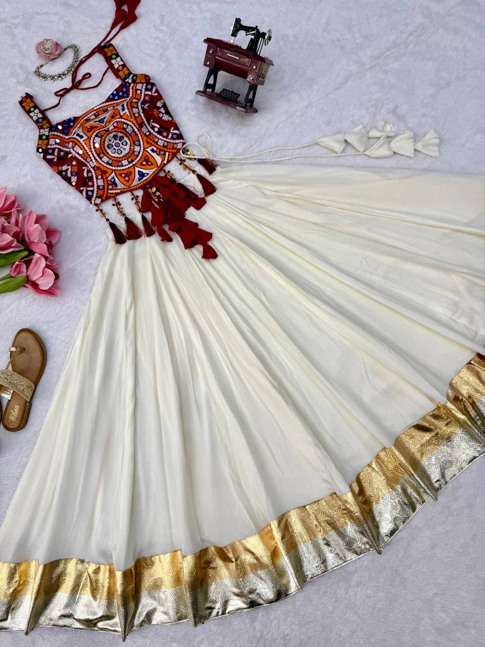 White Rayon Navratri Lehenga with Gamthi Blouse
