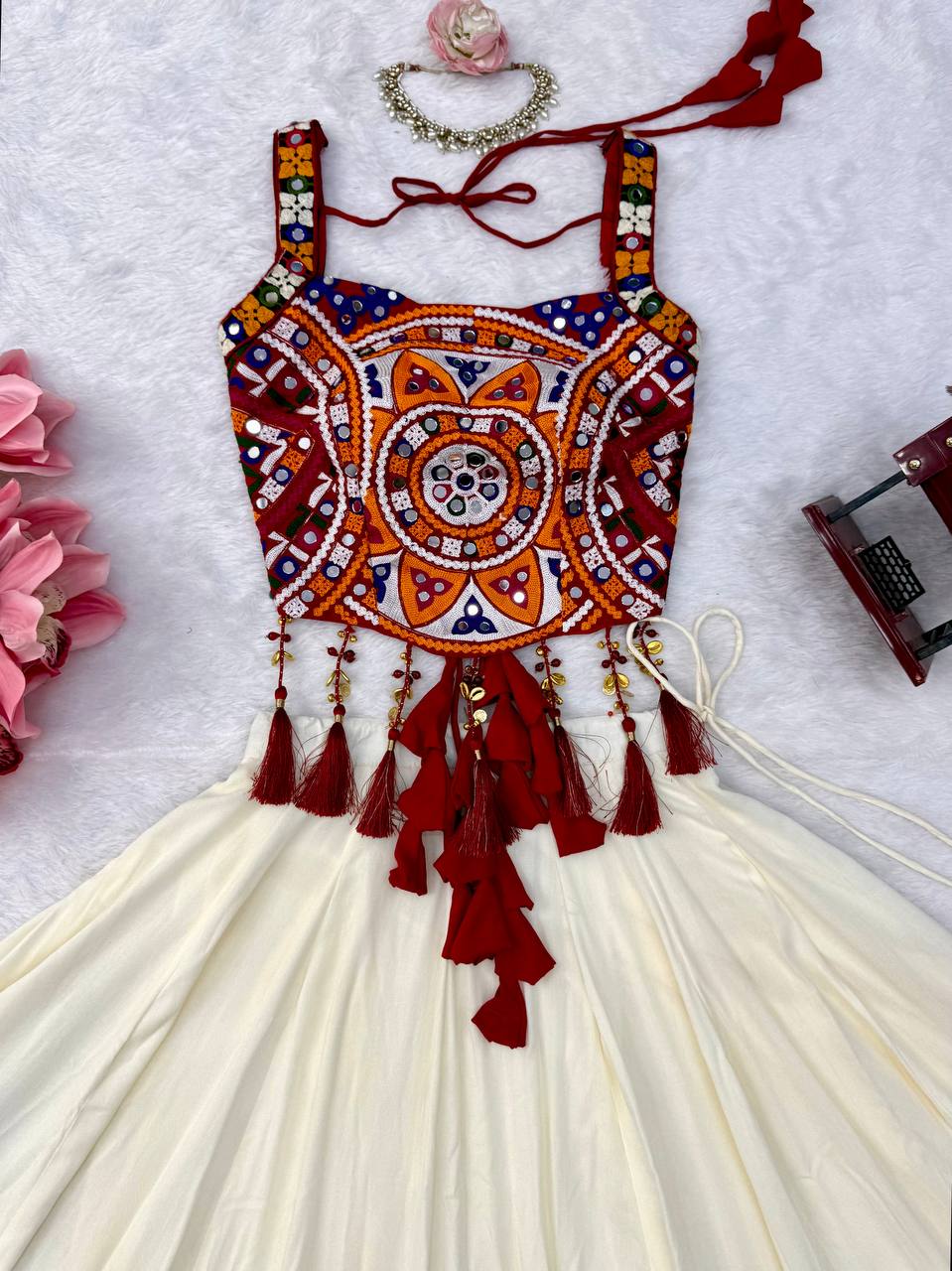 White Rayon Navratri Lehenga with Gamthi Blouse