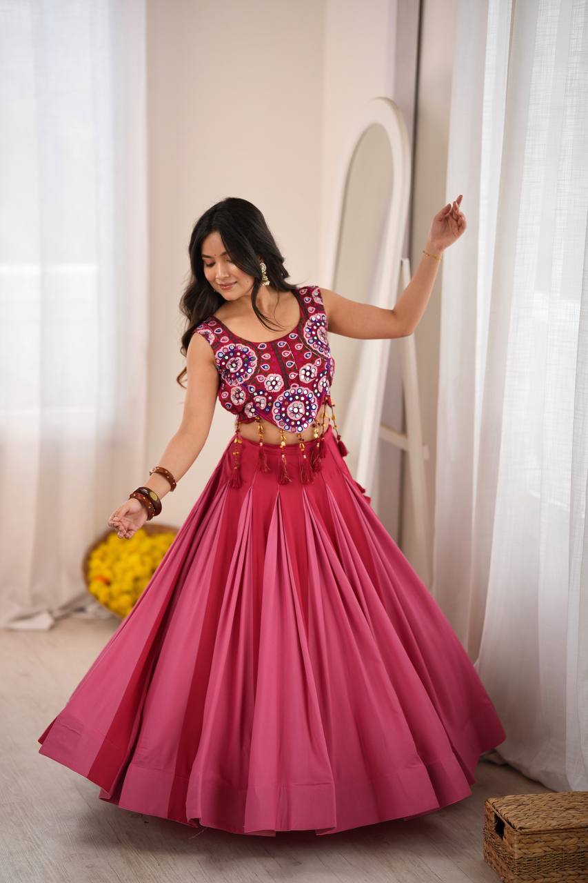 Red - Peach Rayon Navratri Lehenga with Gamthi Blouse