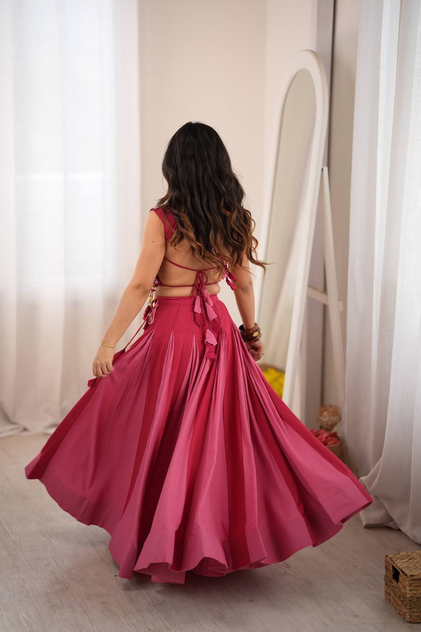 Red - Peach Rayon Navratri Lehenga with Gamthi Blouse