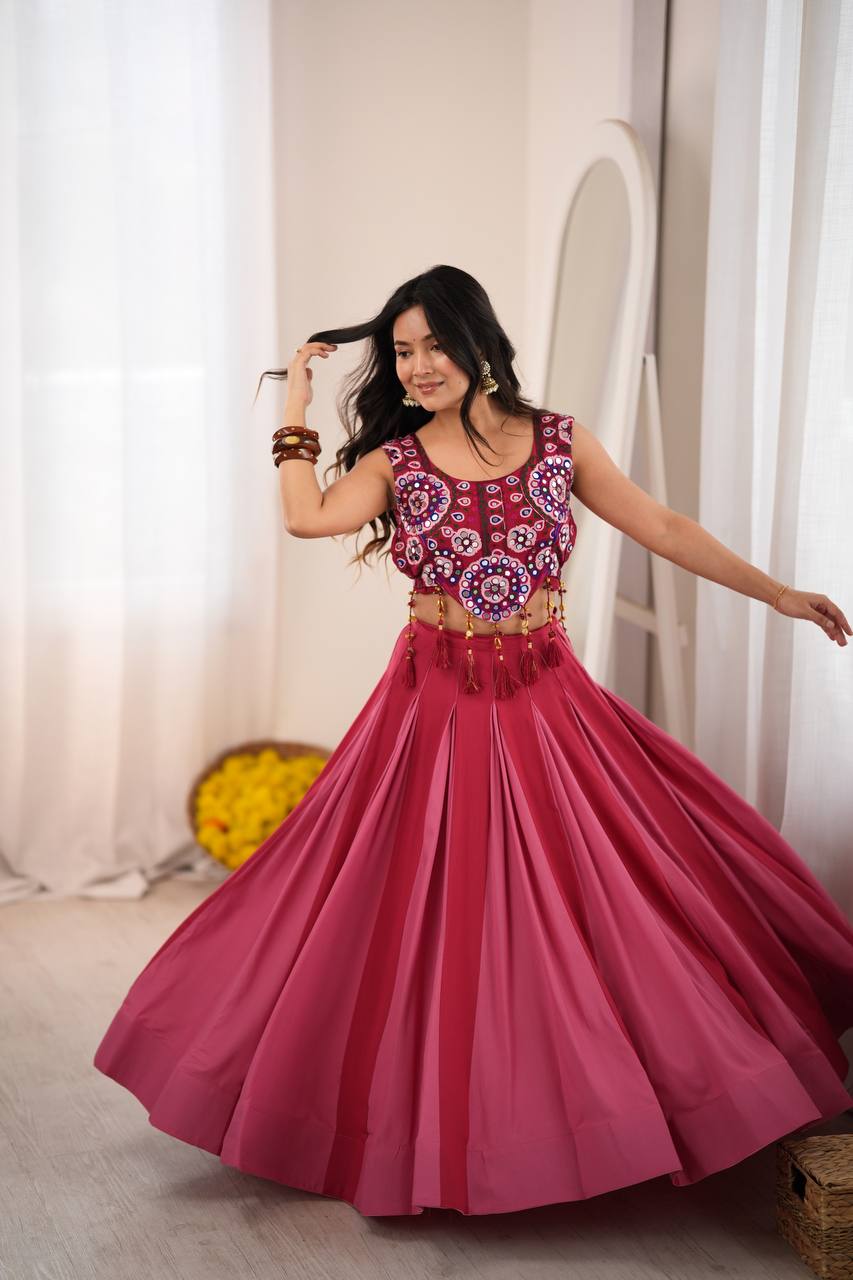 Red - Peach Rayon Navratri Lehenga with Gamthi Blouse