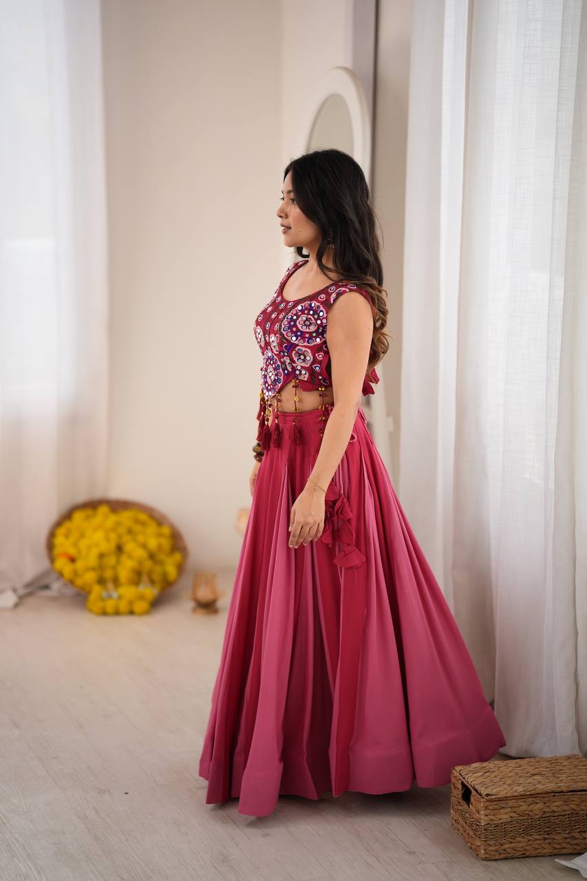 Red - Peach Rayon Navratri Lehenga with Gamthi Blouse