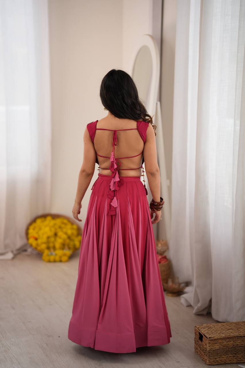 Red - Peach Rayon Navratri Lehenga with Gamthi Blouse