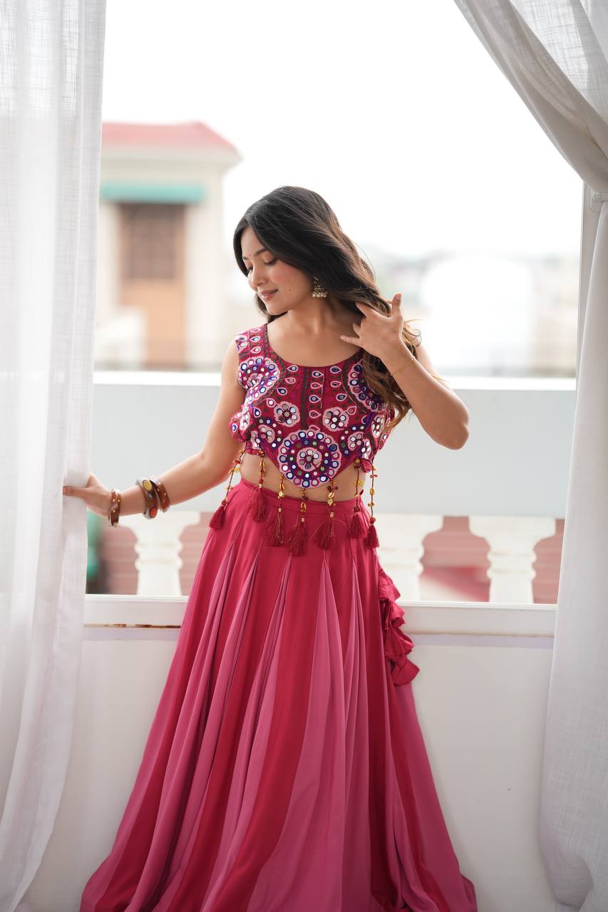 Red - Peach Rayon Navratri Lehenga with Gamthi Blouse