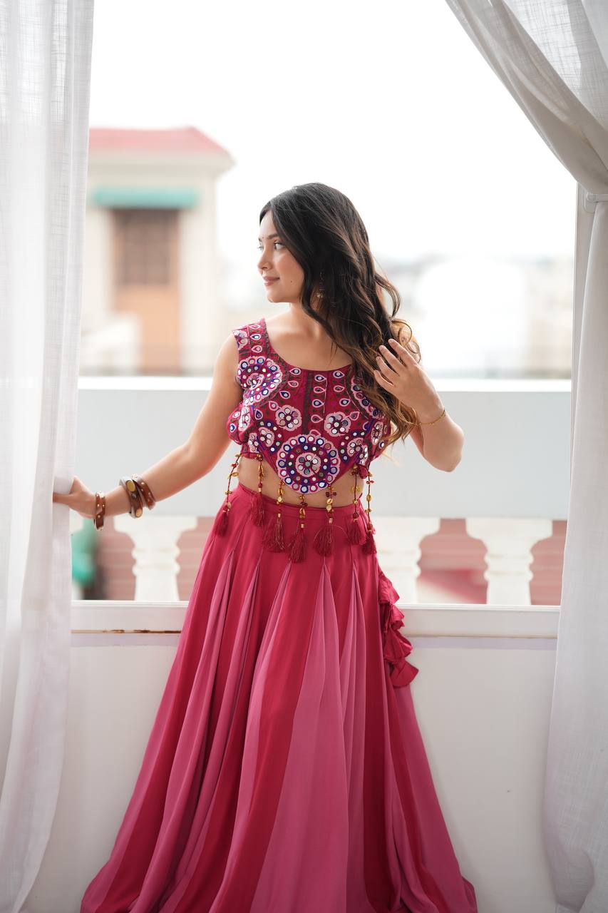 Red - Peach Rayon Navratri Lehenga with Gamthi Blouse