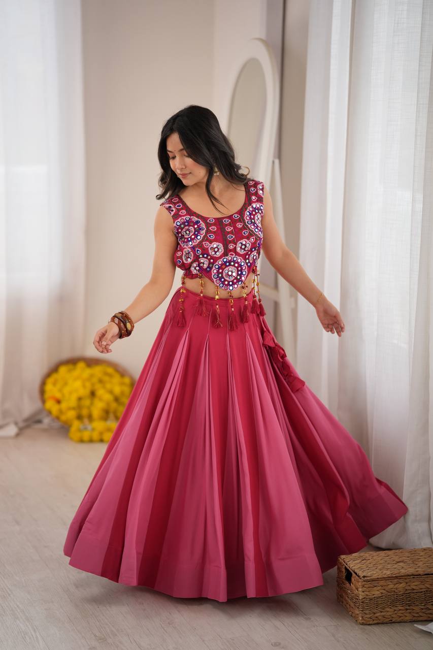 Red - Peach Rayon Navratri Lehenga with Gamthi Blouse