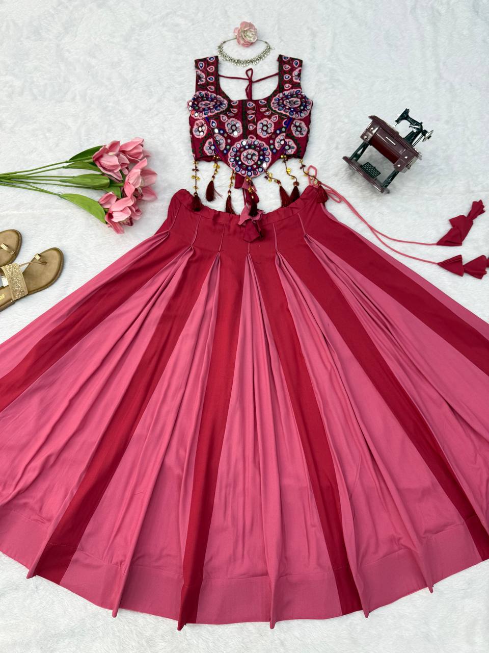 Red - Peach Rayon Navratri Lehenga with Gamthi Blouse