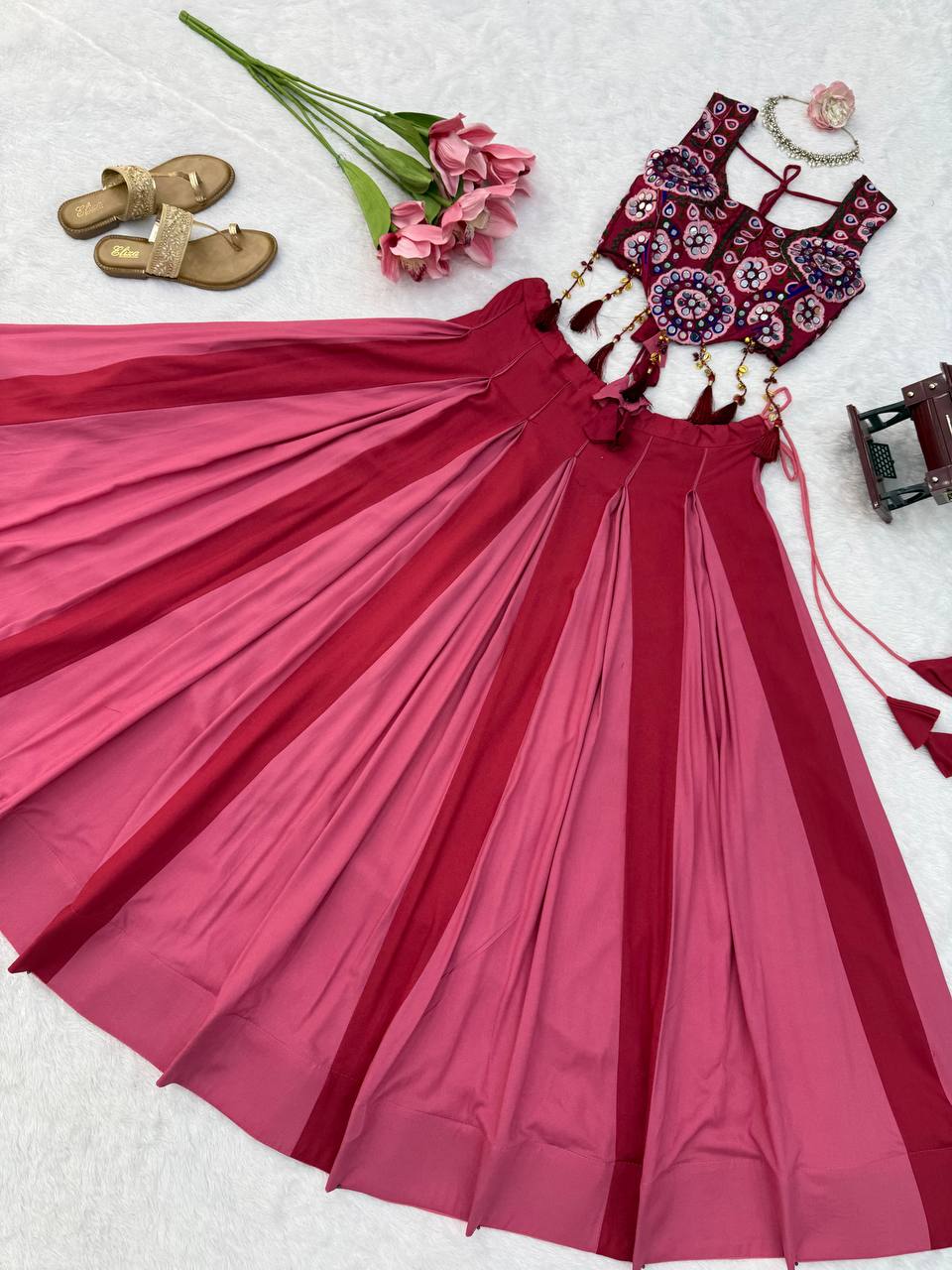Red - Peach Rayon Navratri Lehenga with Gamthi Blouse