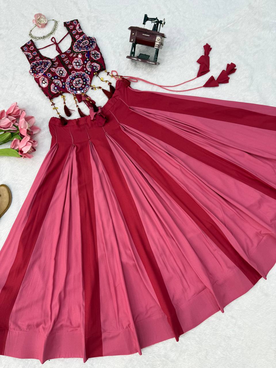 Red - Peach Rayon Navratri Lehenga with Gamthi Blouse