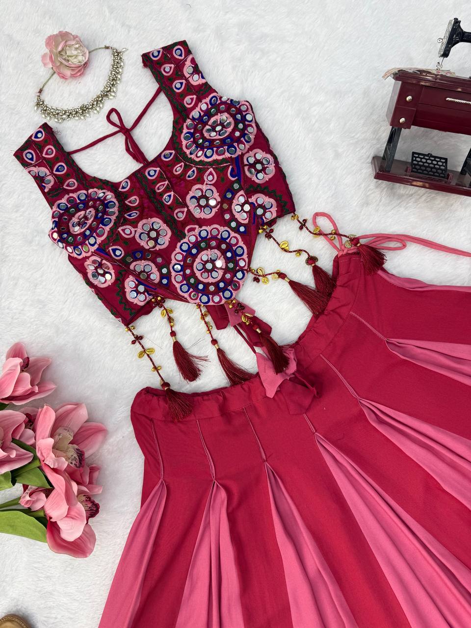 Red - Peach Rayon Navratri Lehenga with Gamthi Blouse