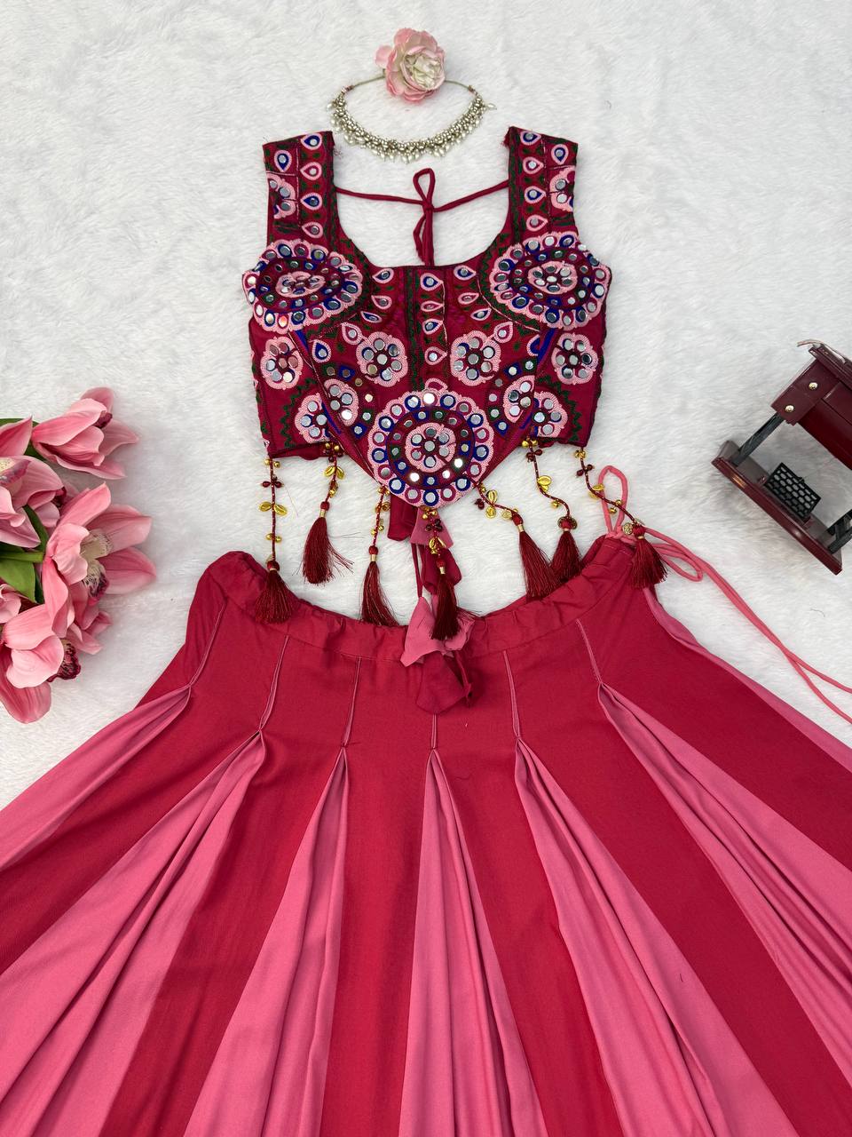 Red - Peach Rayon Navratri Lehenga with Gamthi Blouse