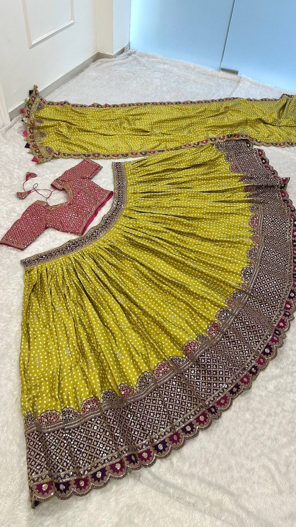 Lime Green & Pink Dot Printed Sequins Work Lehenga Choli