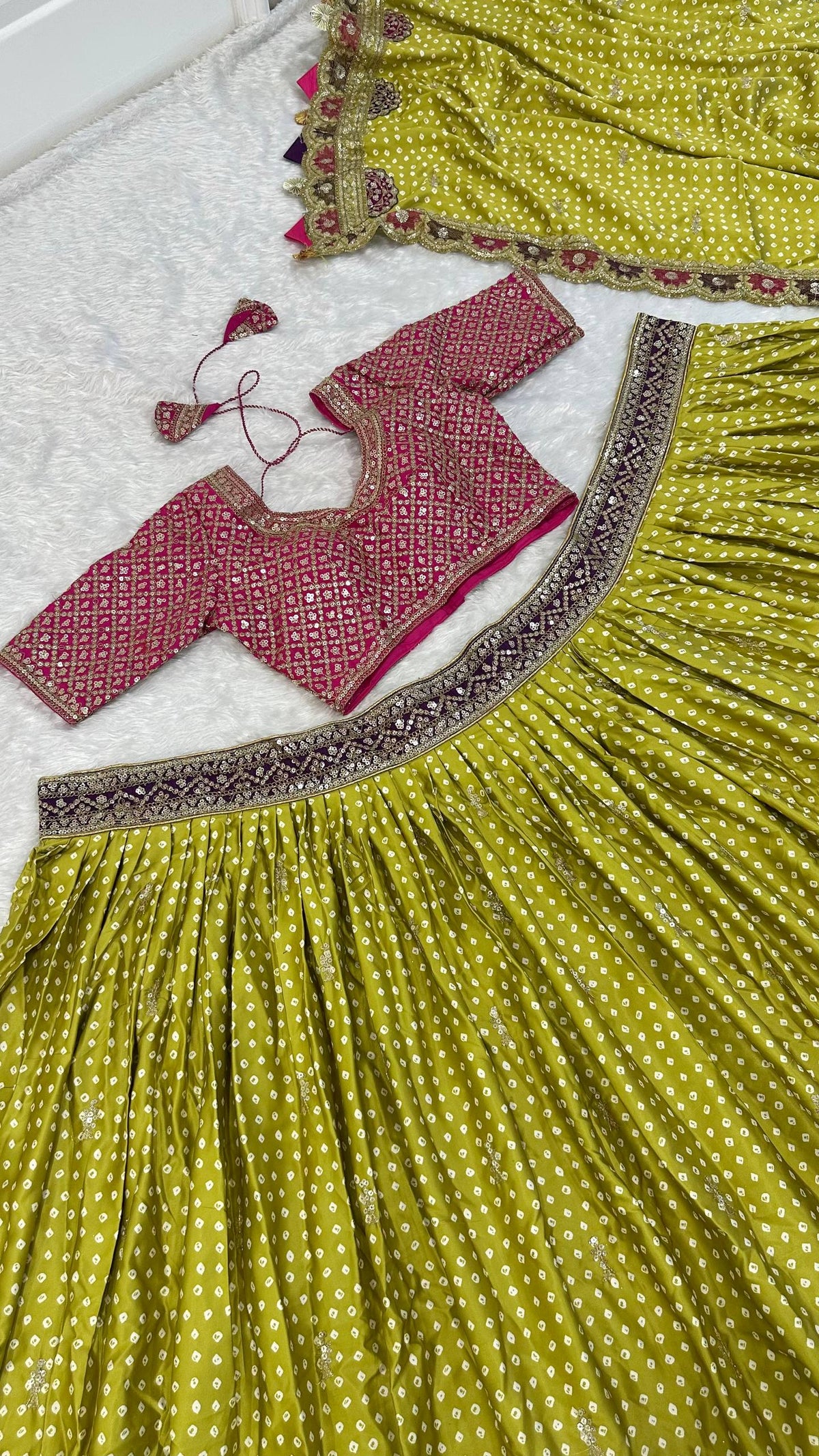 Lime Green & Pink Dot Printed Sequins Work Lehenga Choli