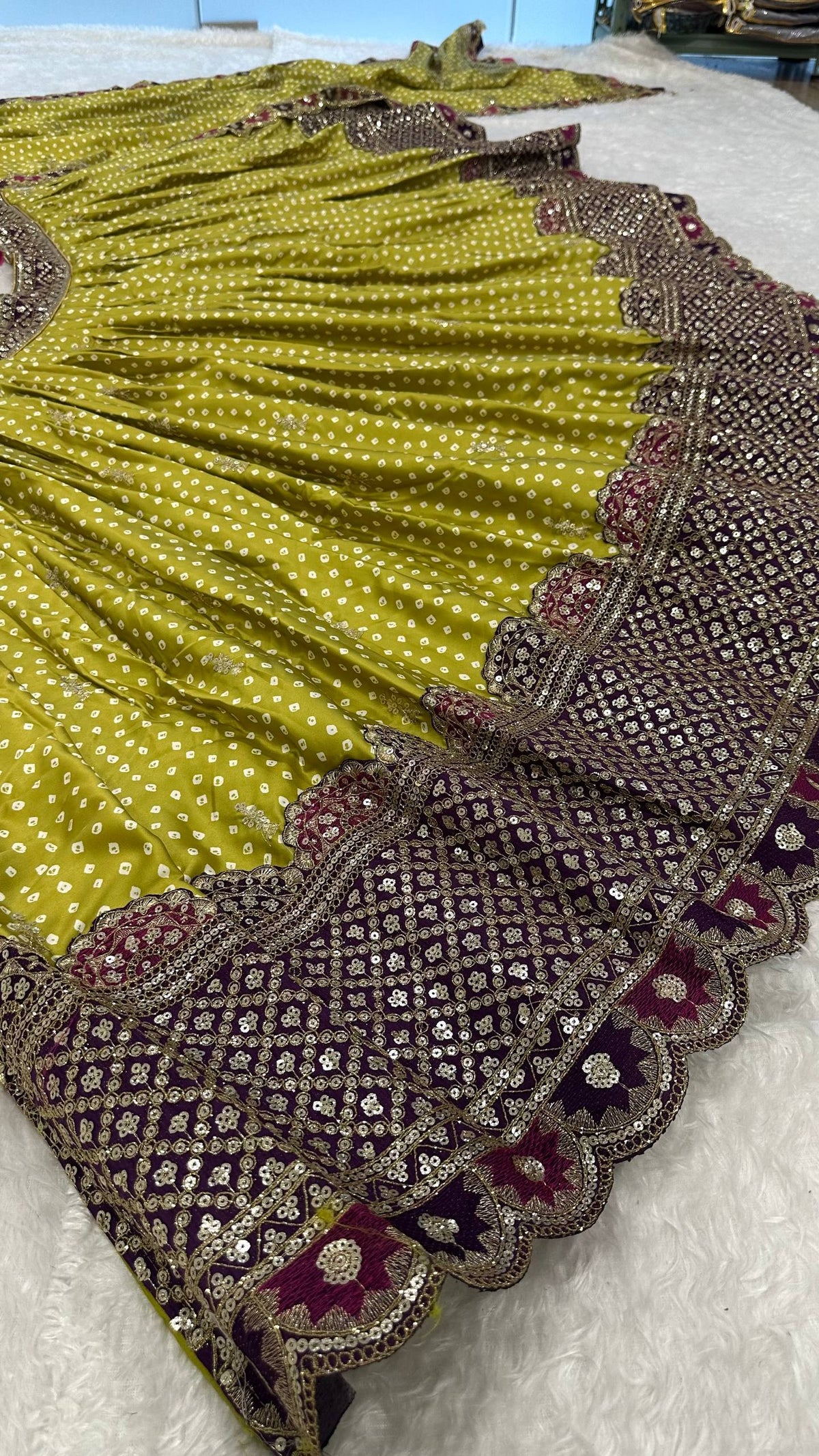 Lime Green & Pink Dot Printed Sequins Work Lehenga Choli