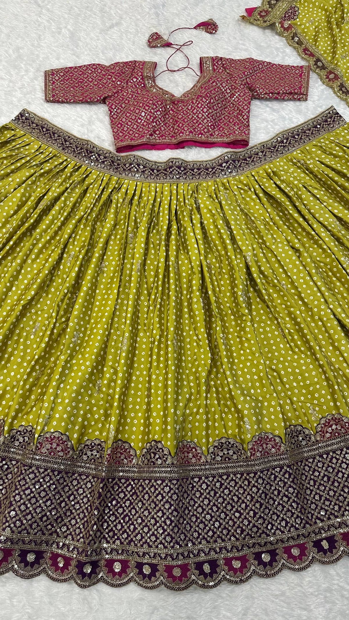 Lime Green & Pink Dot Printed Sequins Work Lehenga Choli