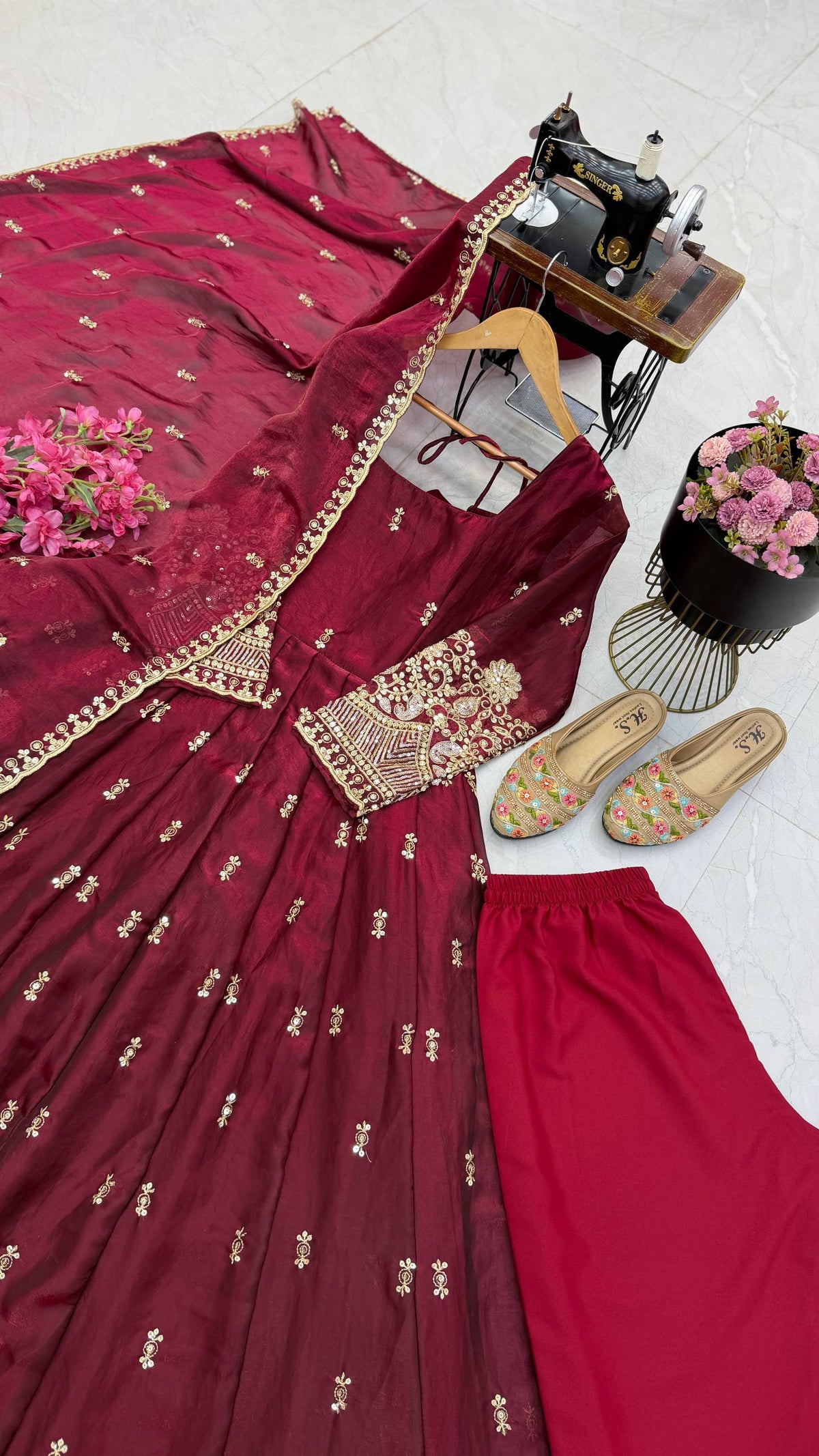 Deep Wine Maroon & Gold Embroidered Sequins Anarkali Gown