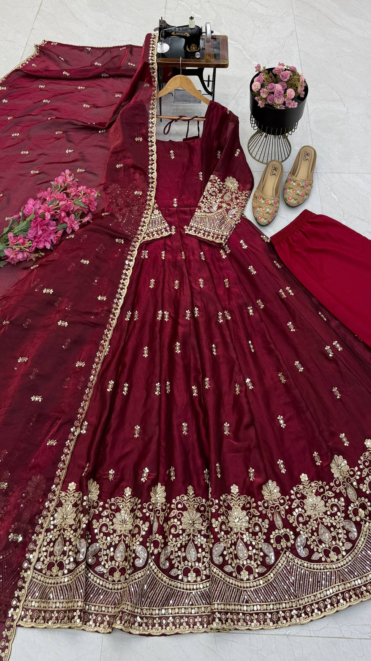 Deep Wine Maroon & Gold Embroidered Sequins Anarkali Gown