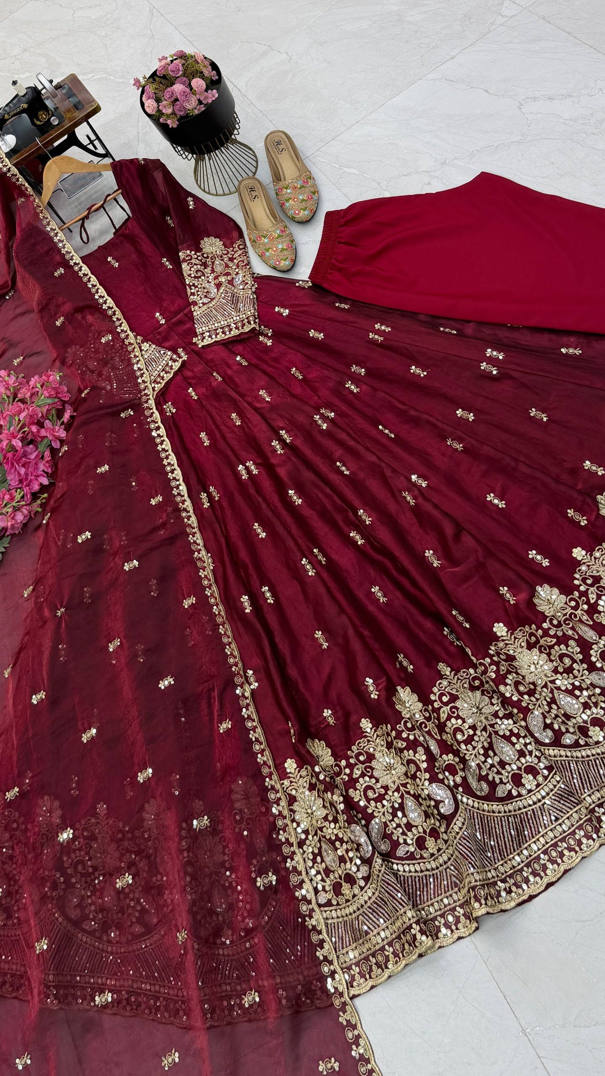 Deep Wine Maroon & Gold Embroidered Sequins Anarkali Gown