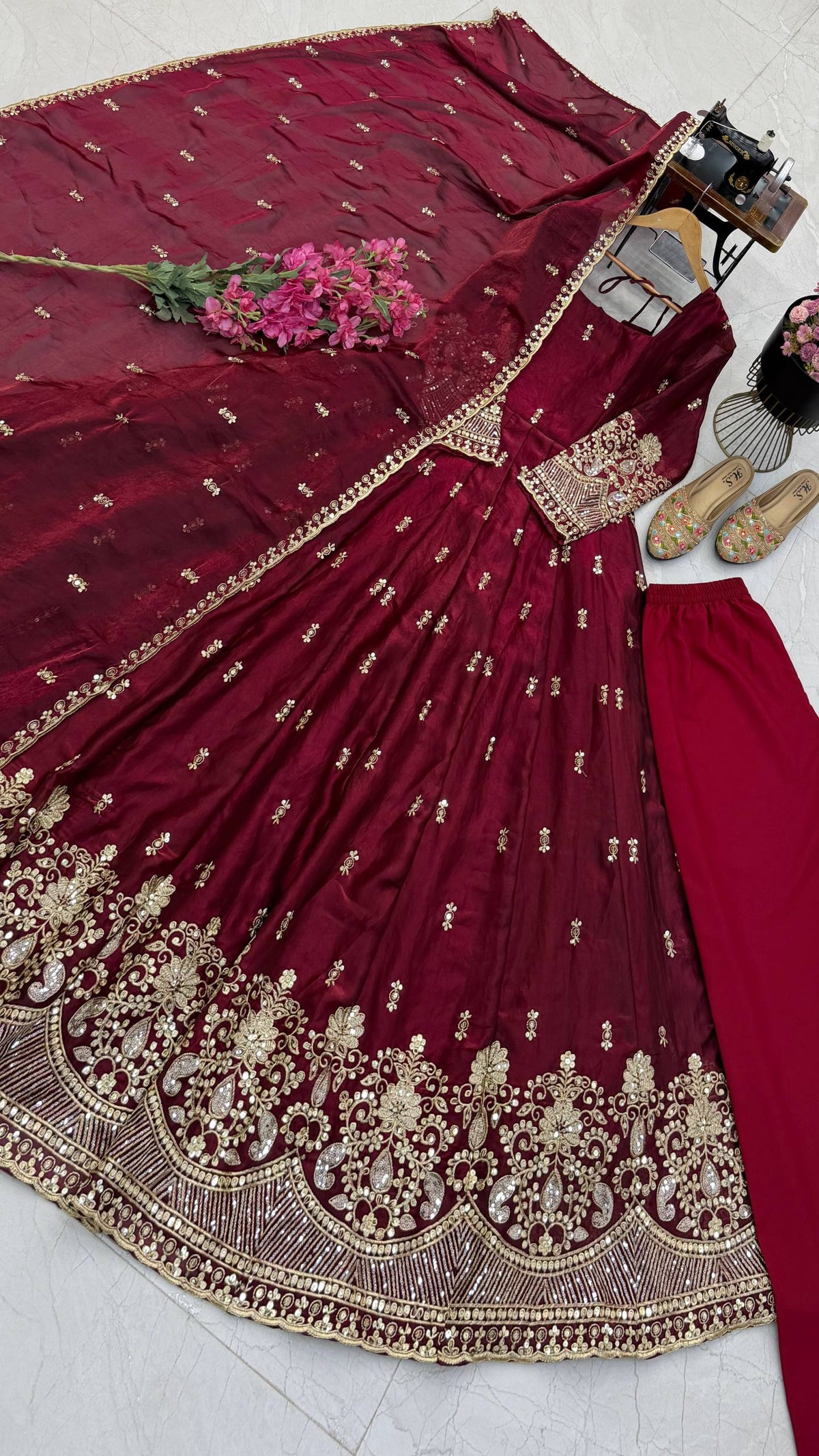 Deep Wine Maroon & Gold Embroidered Sequins Anarkali Gown