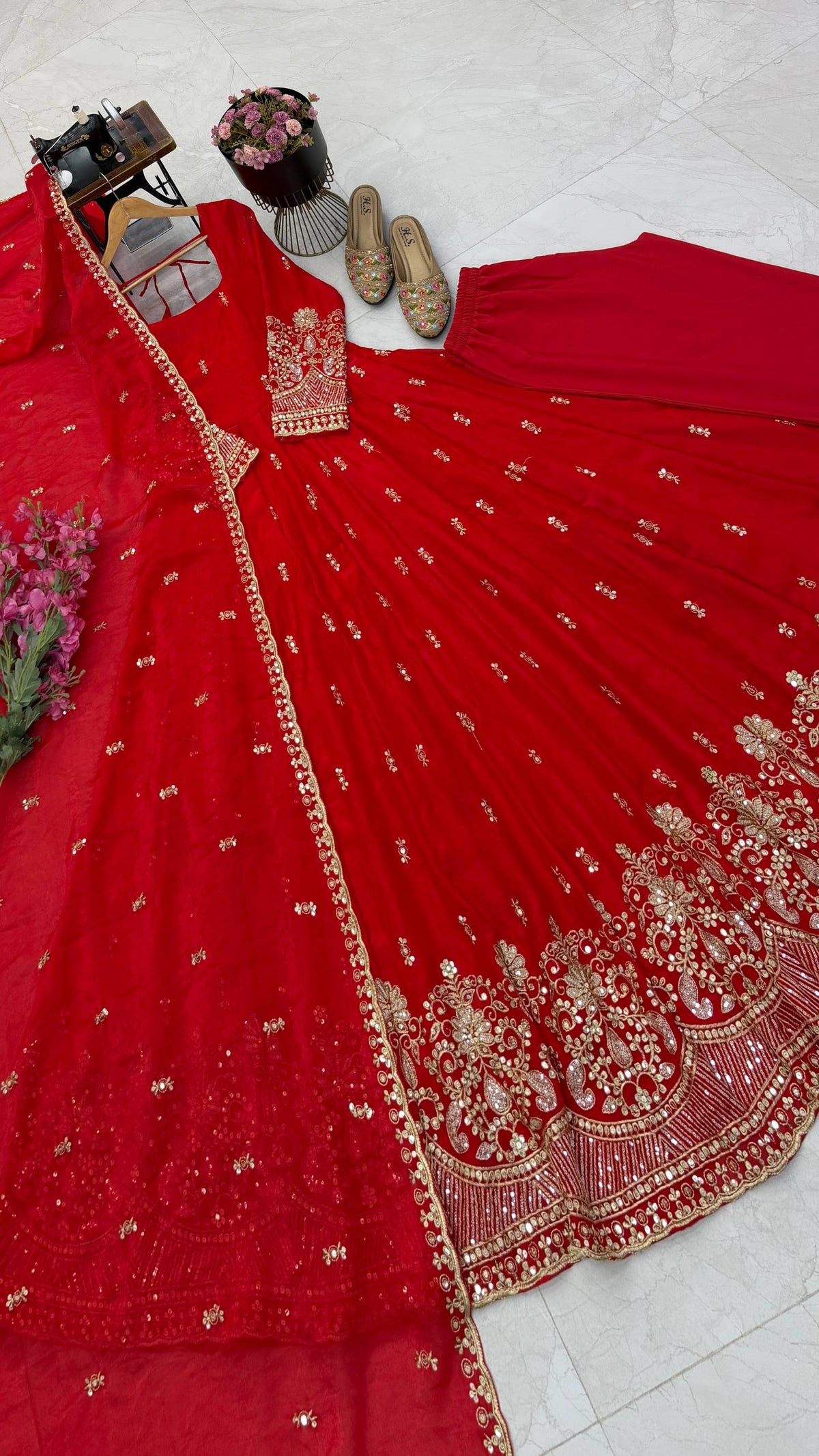 Red & Gold Embroidered Sequins Anarkali Gown Set with Dupatta