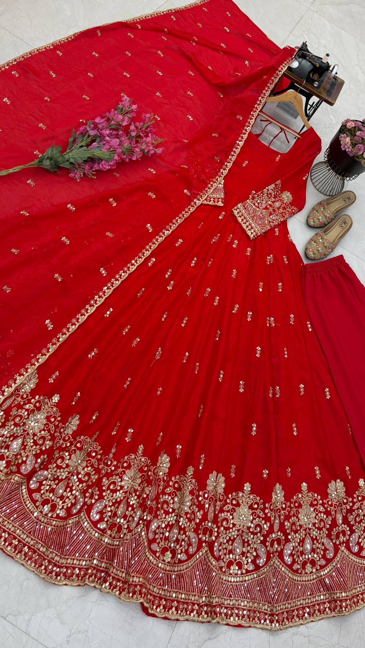 Red & Gold Embroidered Sequins Anarkali Gown Set with Dupatta