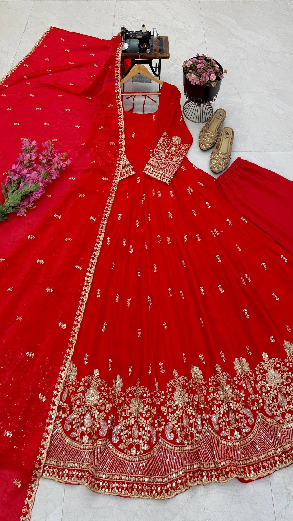 Red & Gold Embroidered Sequins Anarkali Gown Set with Dupatta