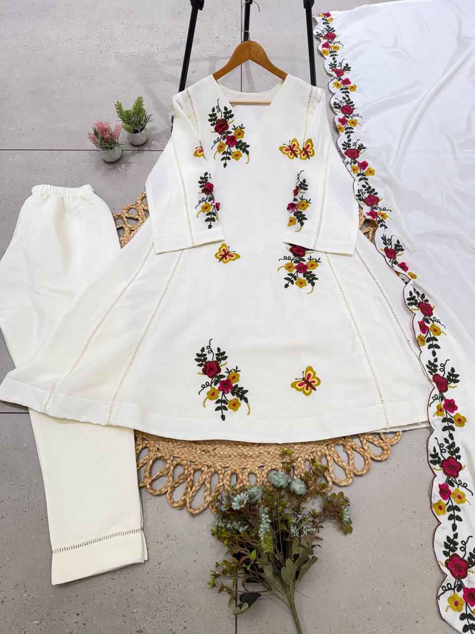 Off White Floral Embroidered A-Line Salwar Suit