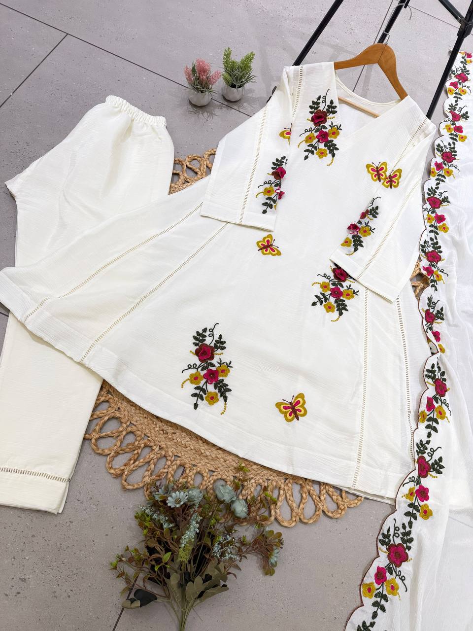 Off White Floral Embroidered A-Line Salwar Suit