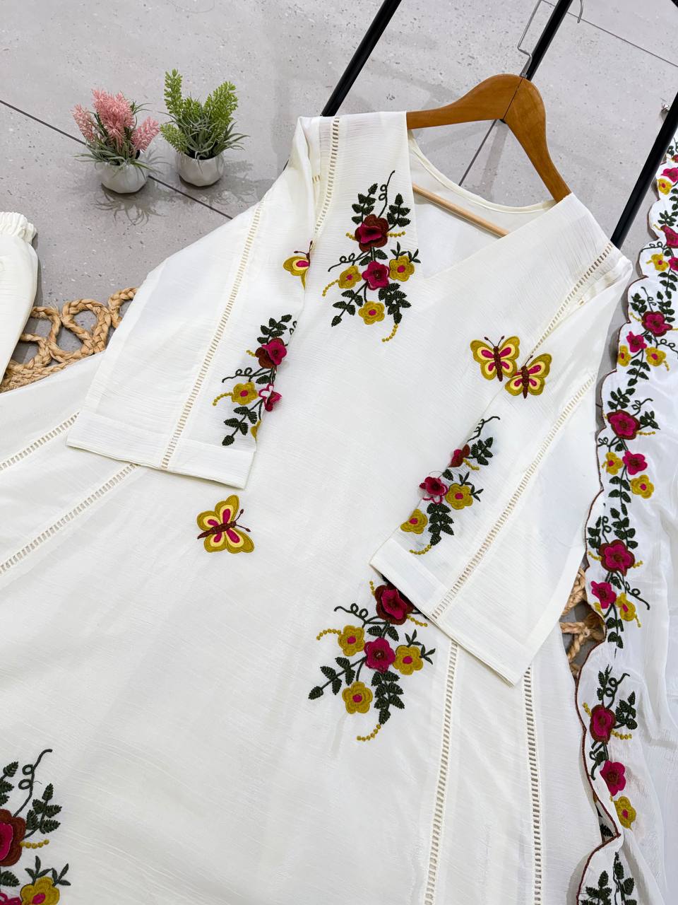 Off White Floral Embroidered A-Line Salwar Suit