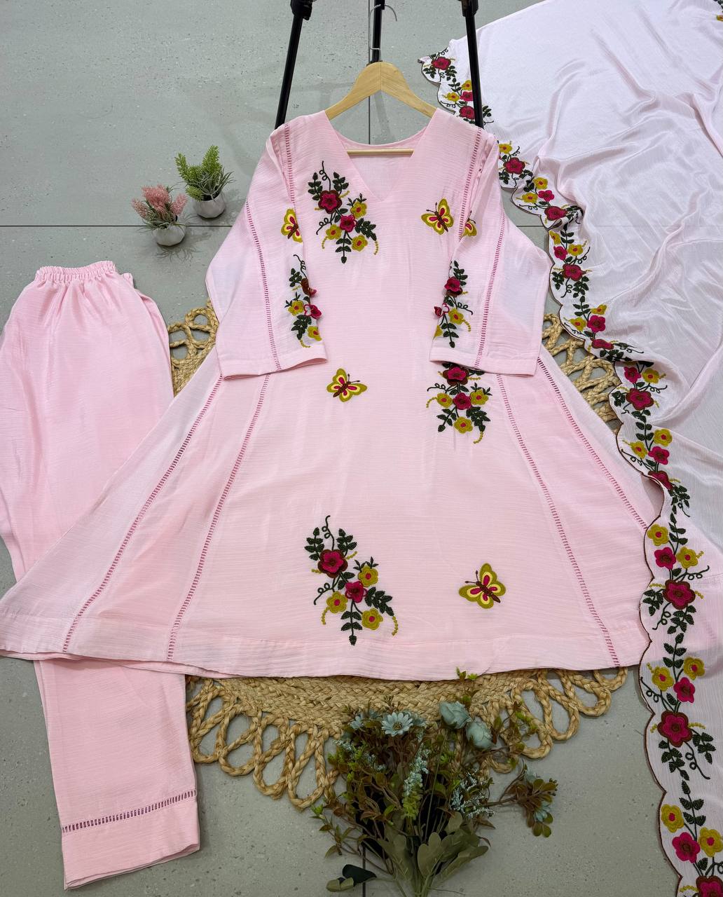 Soft Lilac Floral Embroidered A-Line Salwar Suit