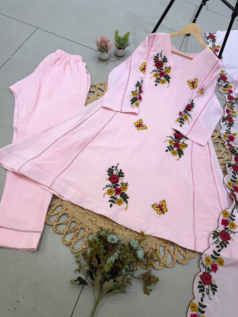 Soft Lilac Floral Embroidered A-Line Salwar Suit