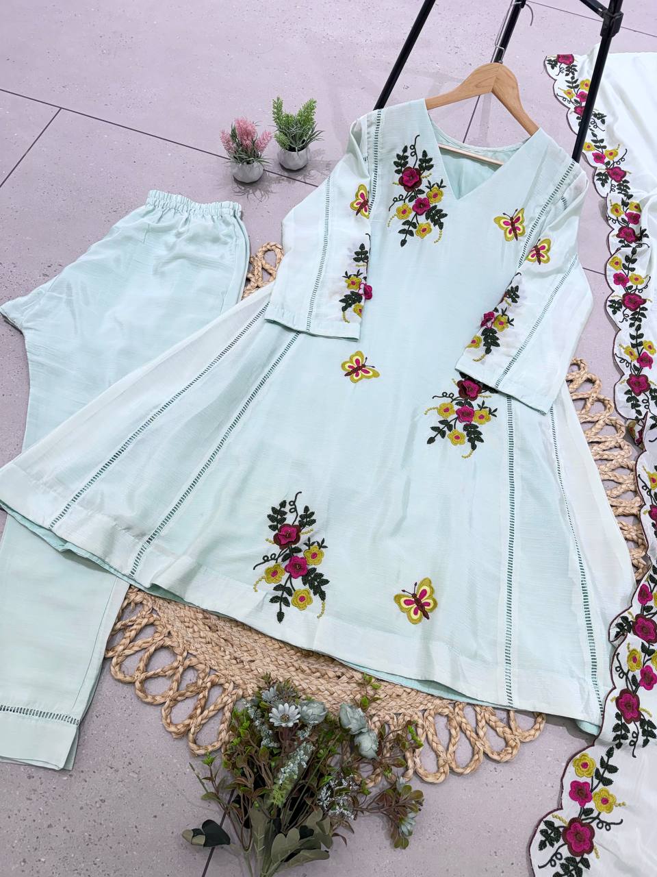 Mint Aqua Floral Embroidered A-Line Salwar Suit