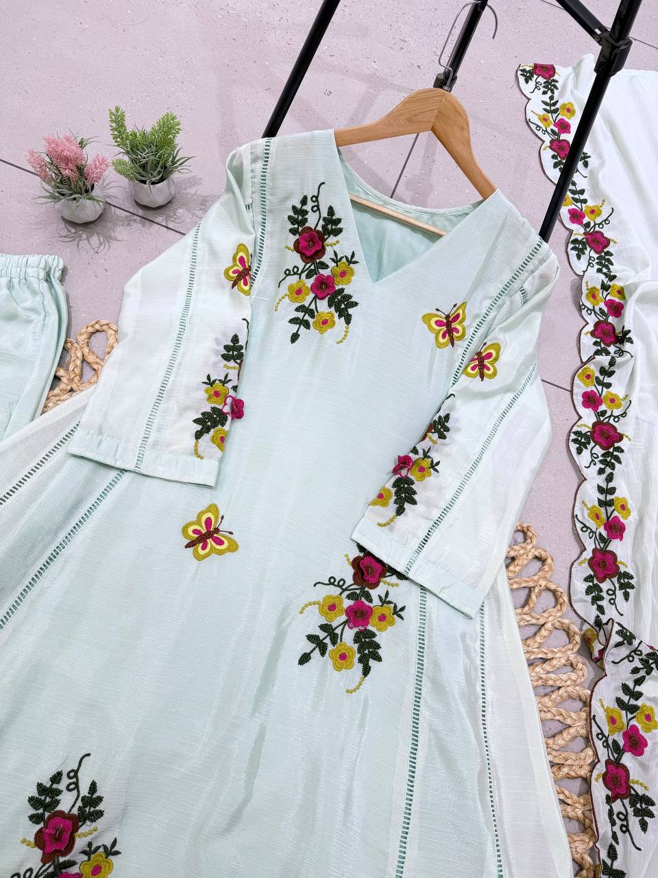Mint Aqua Floral Embroidered A-Line Salwar Suit
