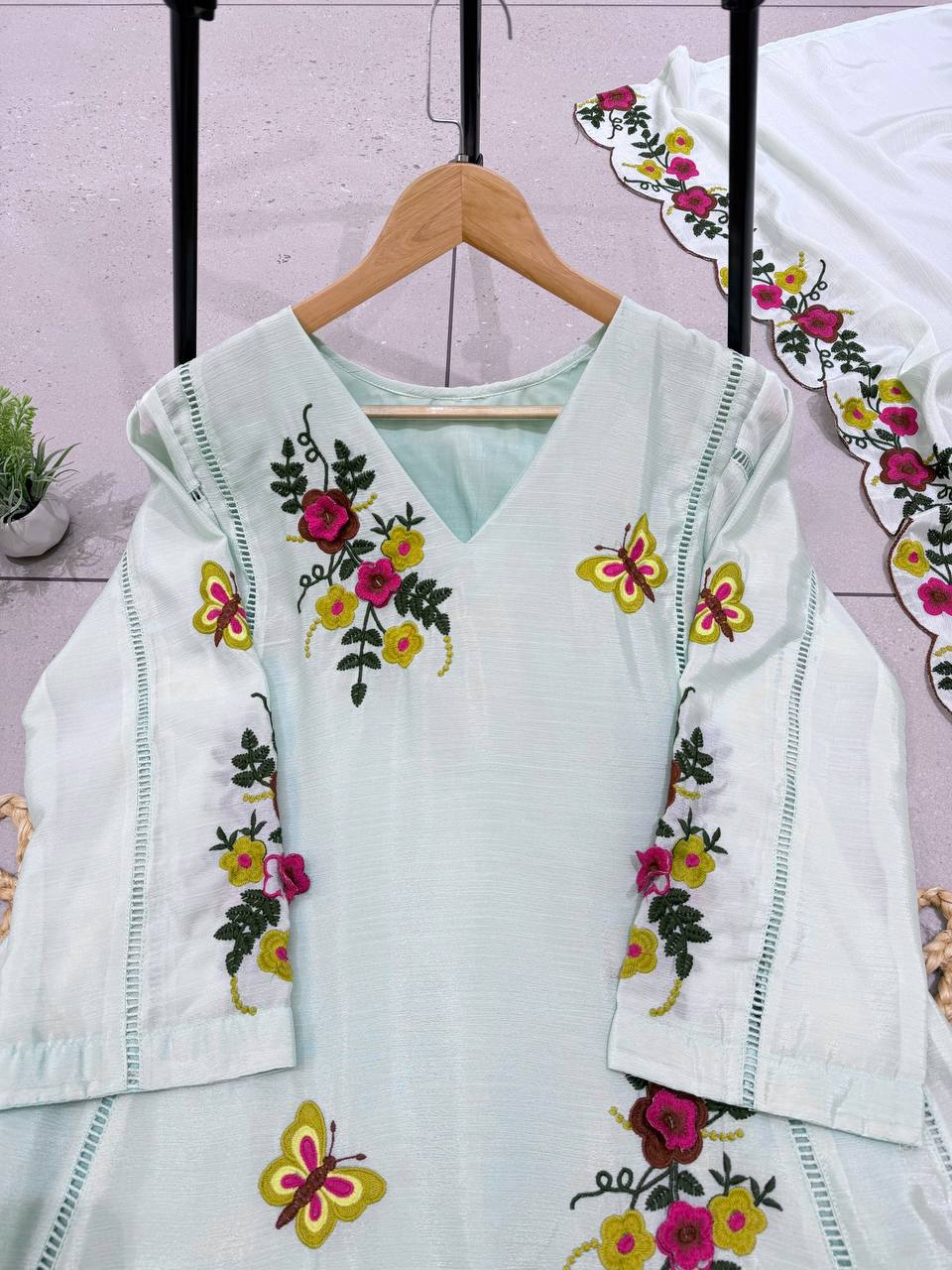 Mint Aqua Floral Embroidered A-Line Salwar Suit