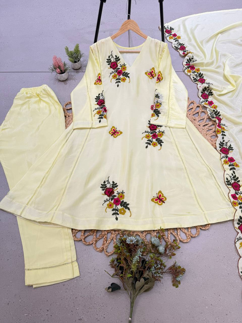Buttercream Yellow Floral Embroidered A-Line Salwar Suit