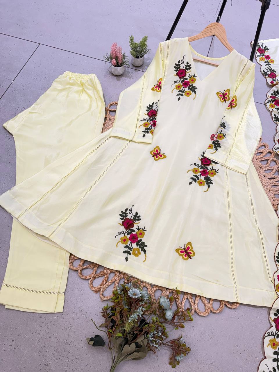 Buttercream Yellow Floral Embroidered A-Line Salwar Suit