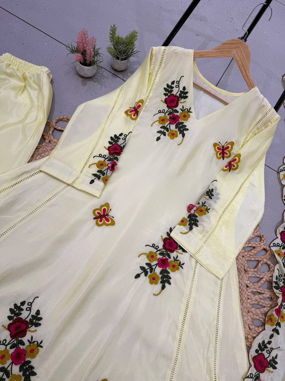 Buttercream Yellow Floral Embroidered A-Line Salwar Suit