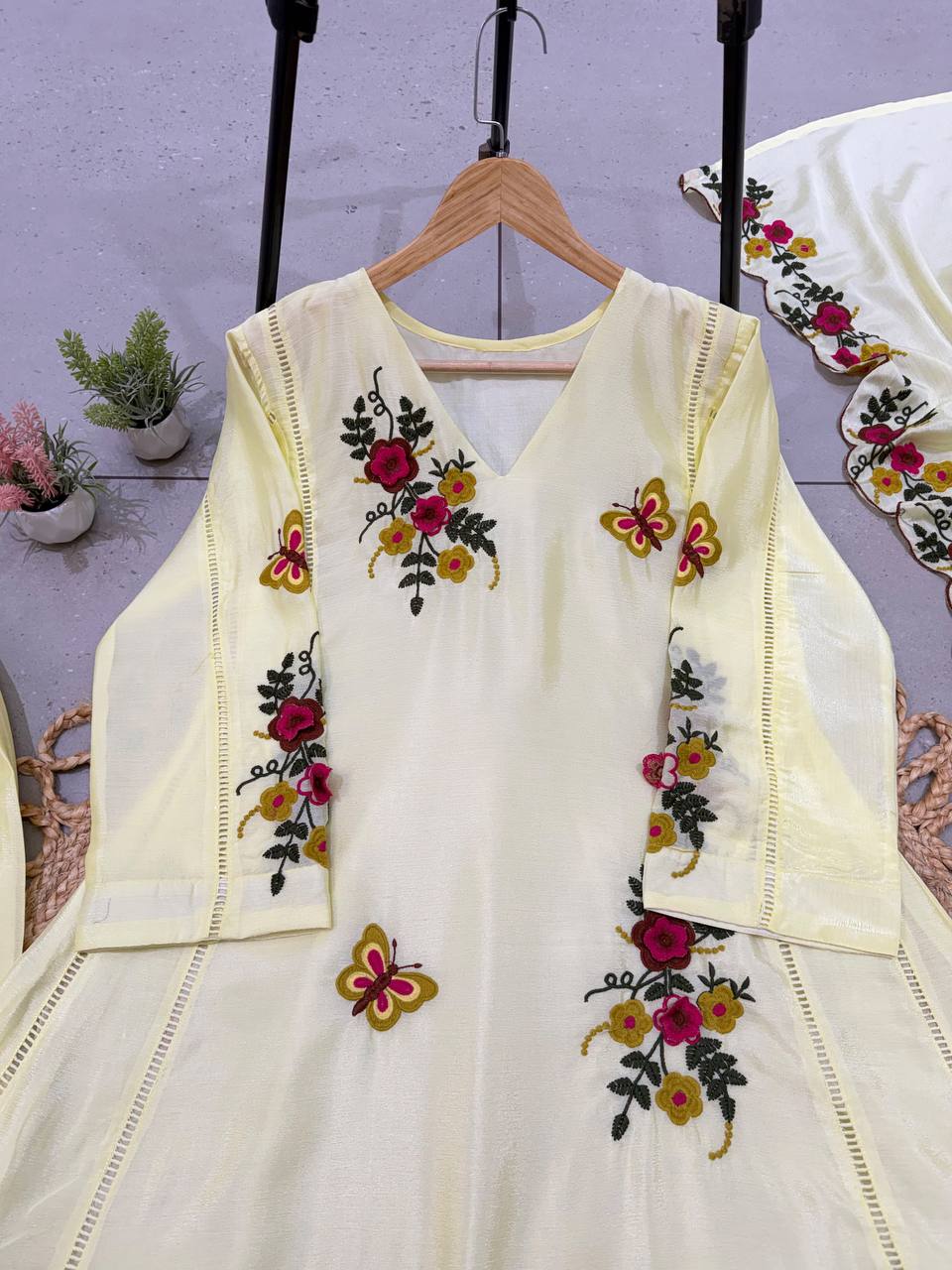 Buttercream Yellow Floral Embroidered A-Line Salwar Suit