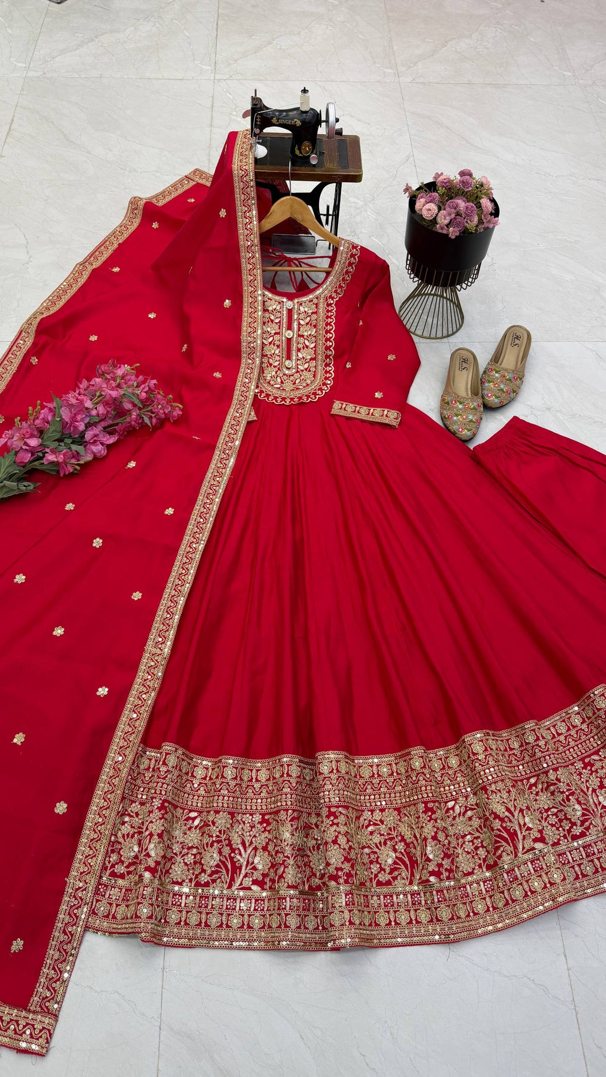 Royal Red & Gold Embroidered Anarkali Gown Set with Dupatta