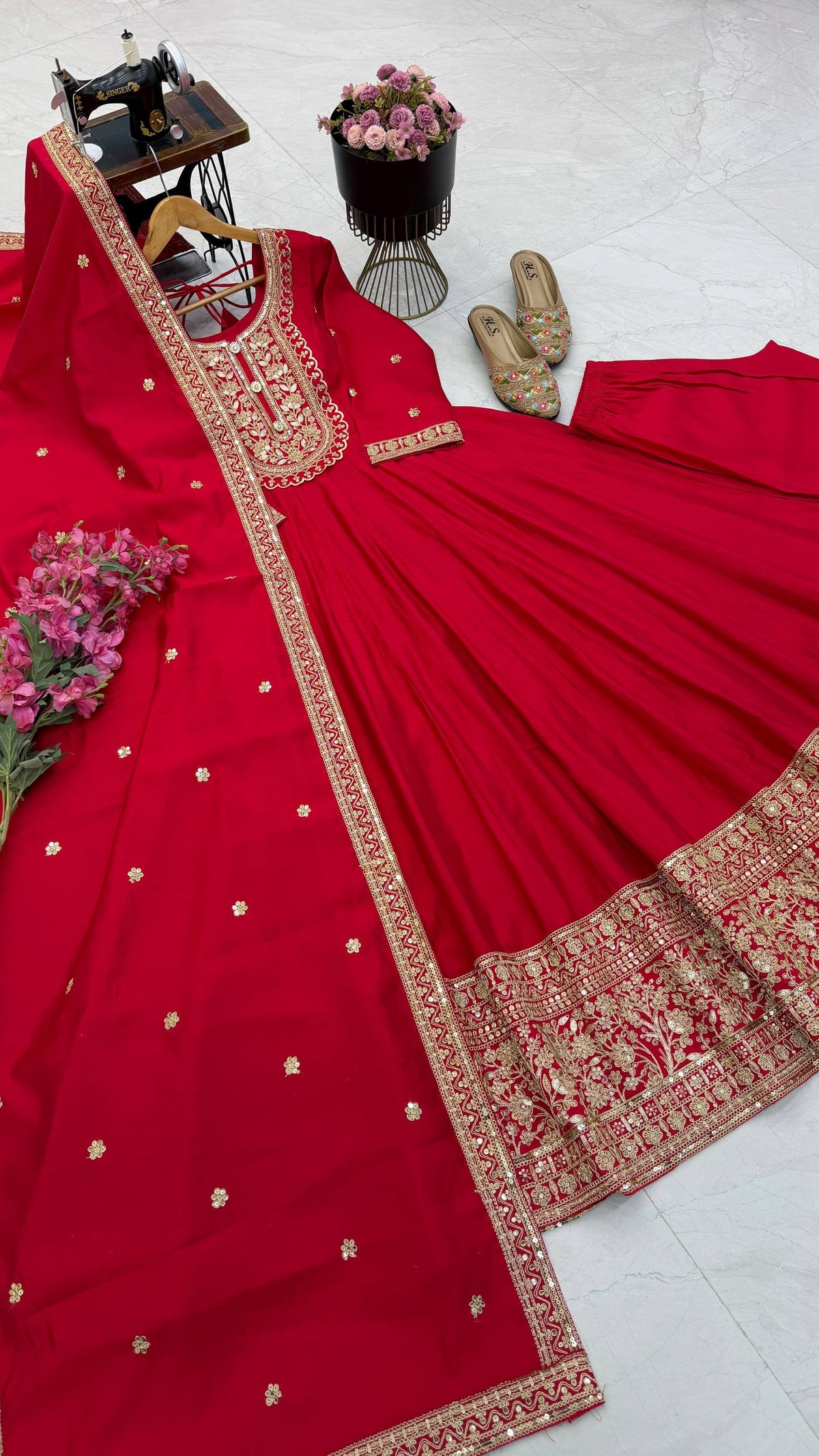 Royal Red & Gold Embroidered Anarkali Gown Set with Dupatta