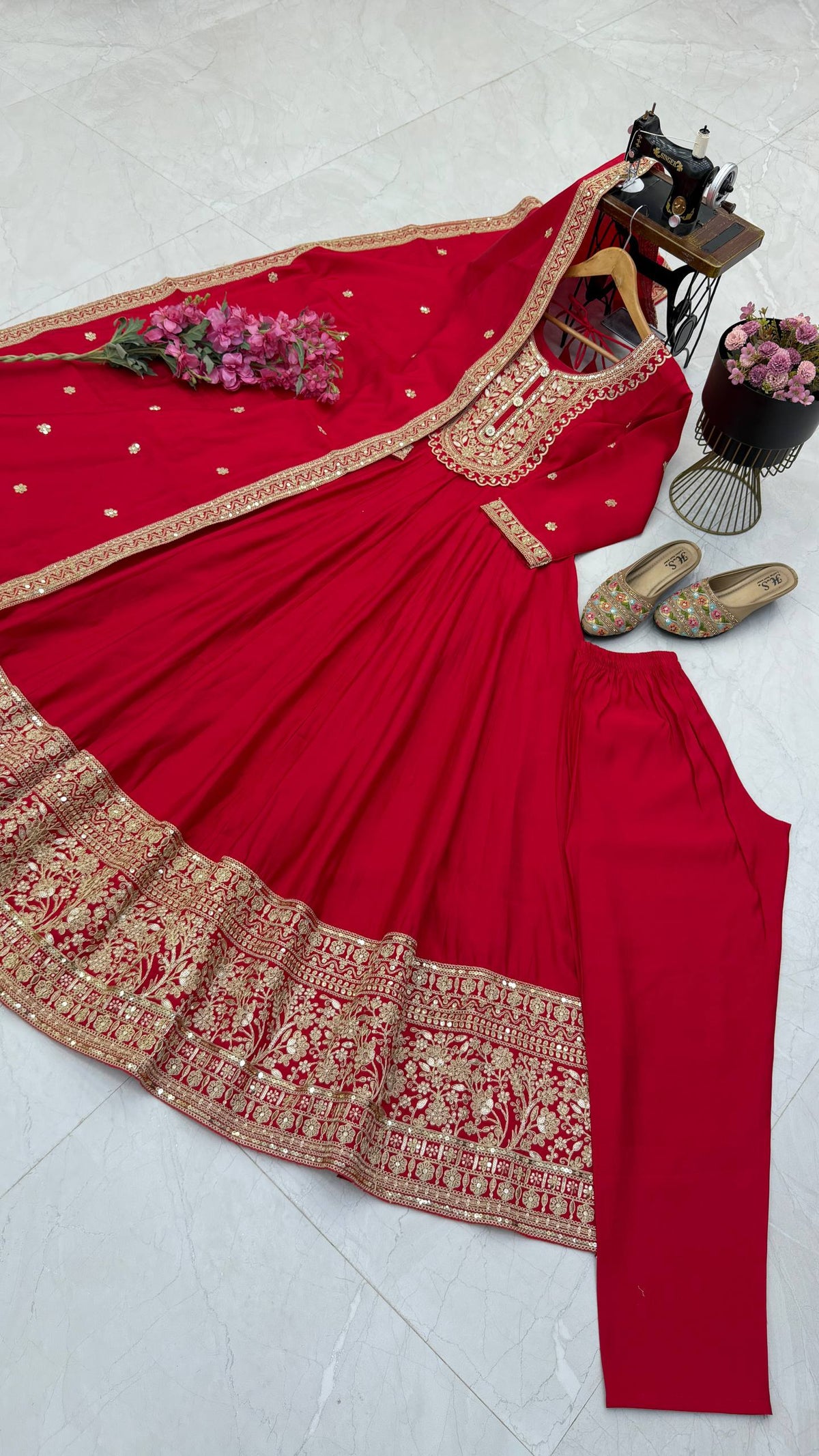 Royal Red & Gold Embroidered Anarkali Gown Set with Dupatta