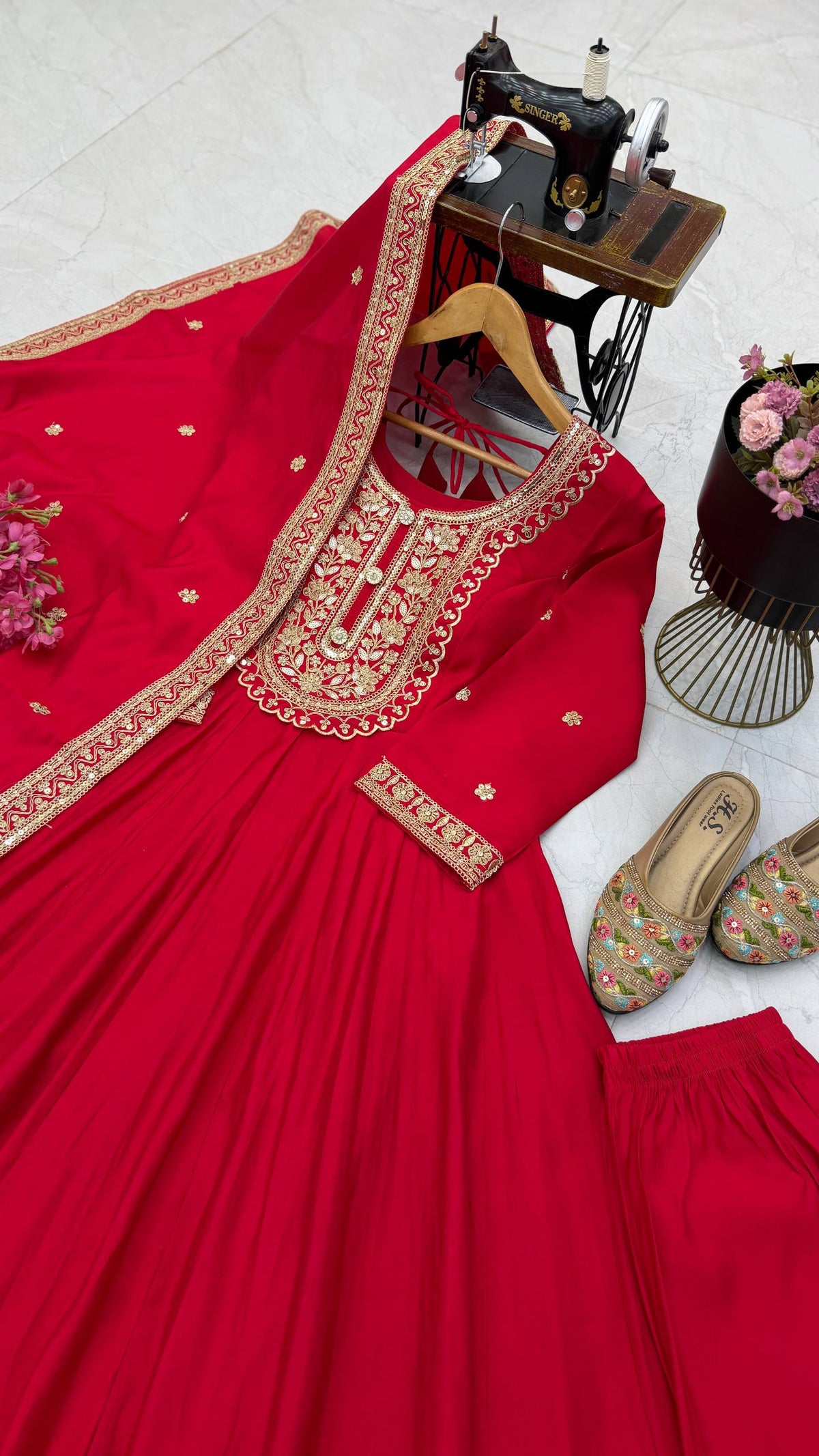 Royal Red & Gold Embroidered Anarkali Gown Set with Dupatta