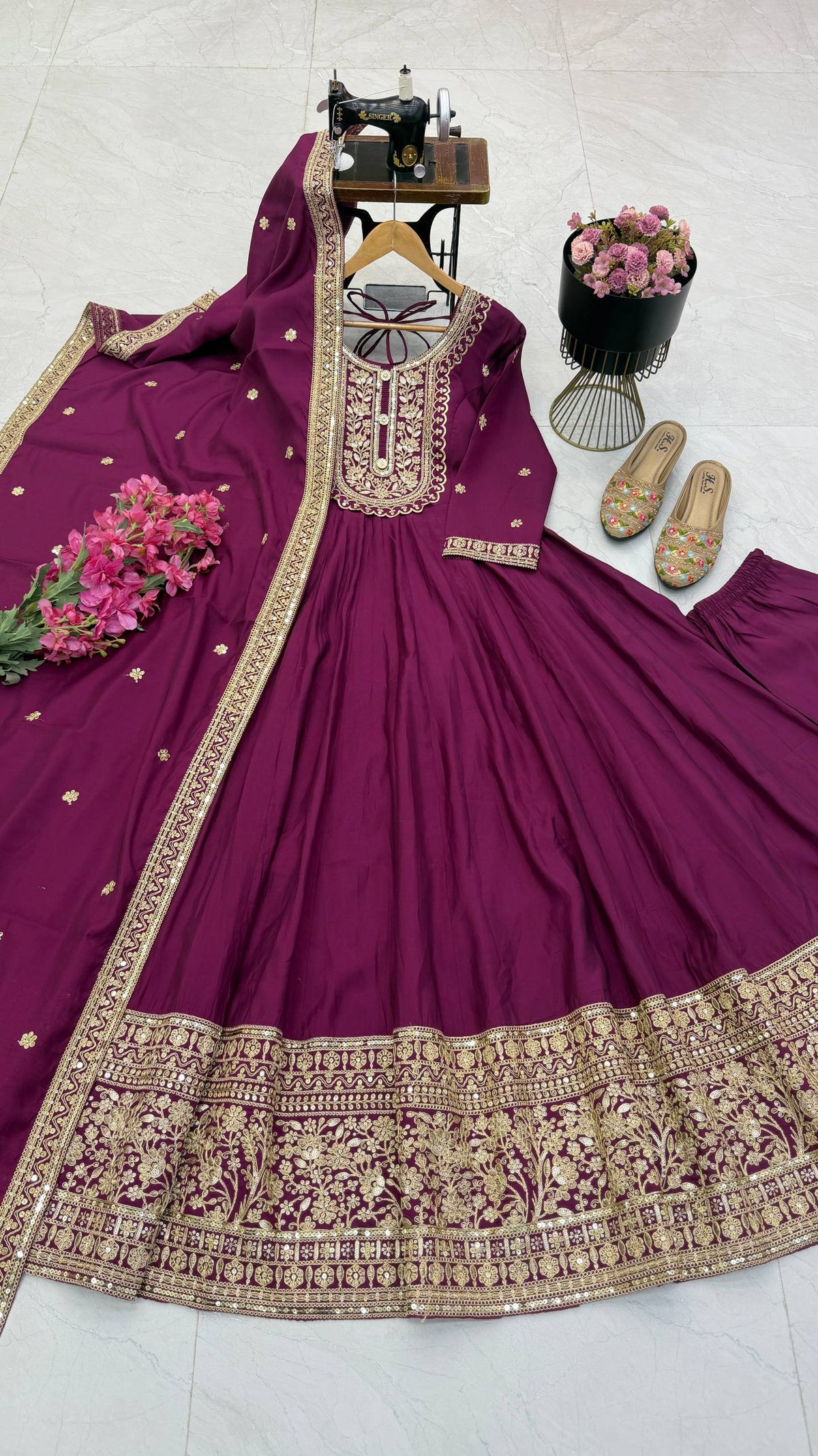 Dark Purple & Gold Embroidered Anarkali Gown Set with Dupatta